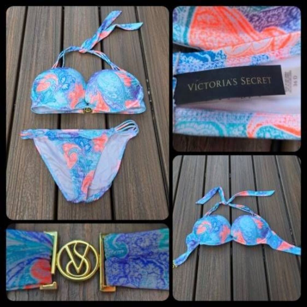 Victoria's Secret Bombshell Swim Bikini Blue Paisley Add 2 Cup 36D / M